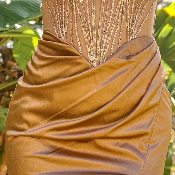 New Gold Sheath Evening Soft Satin Gown w/ Lace Up Back & Sexy Leg Slit GL3817 - Picture 7 of 14